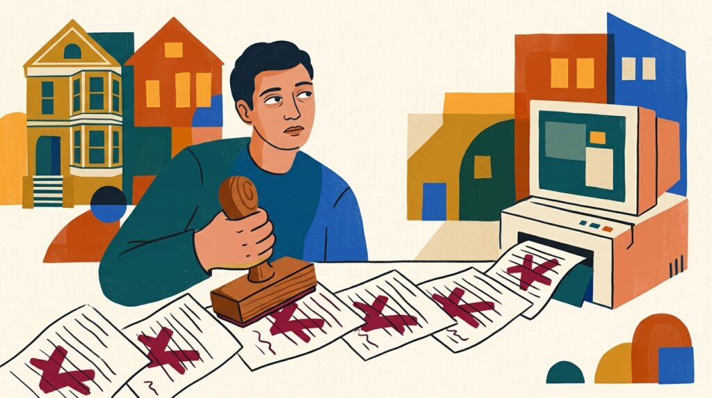 Ilustración editorial estilo mural con una persona que sella sin mirar una fila de documentos que salen de una computadora