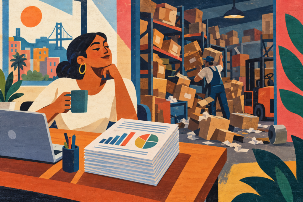 Ilustración estilo mural de una mesa con un reporte ordenado frente a una bodega con cajas apiladas sin control