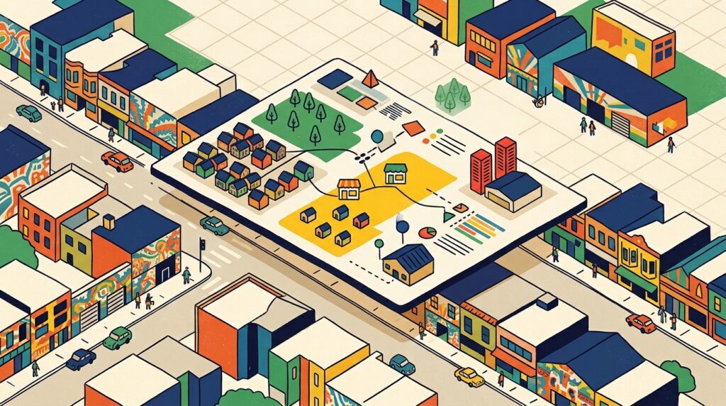 Ilustración editorial de una calle vista desde arriba con edificios de colores y un tablero abstracto que no encaja con las casas
