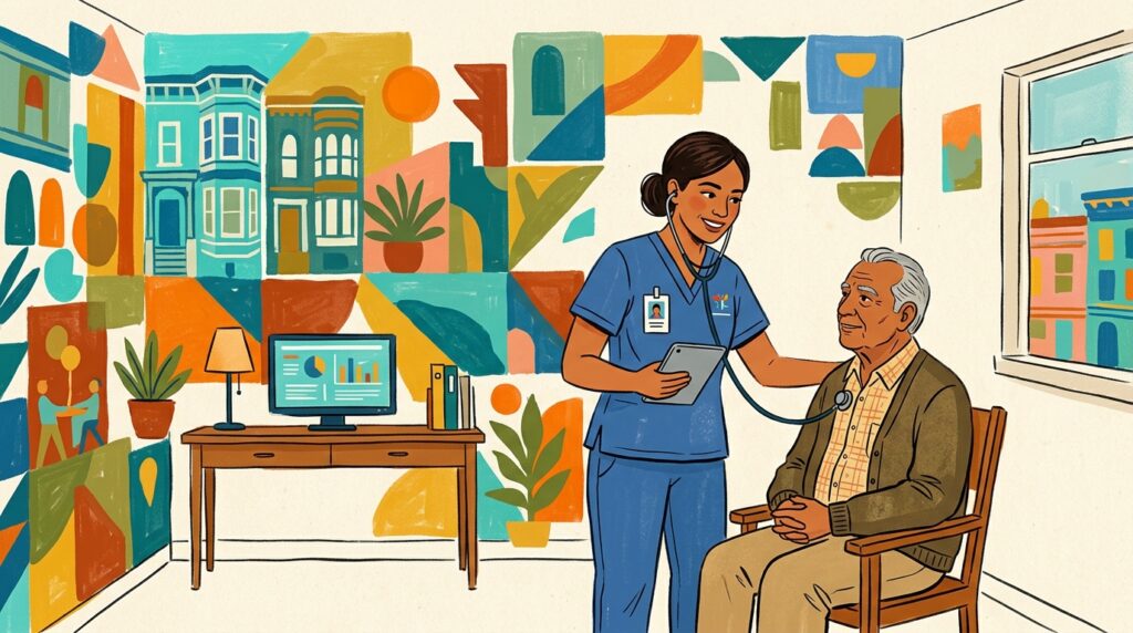Ilustración estilo mural de una persona con uniforme clínico atendiendo a un paciente en una clínica, con una pantalla de computadora al fondo