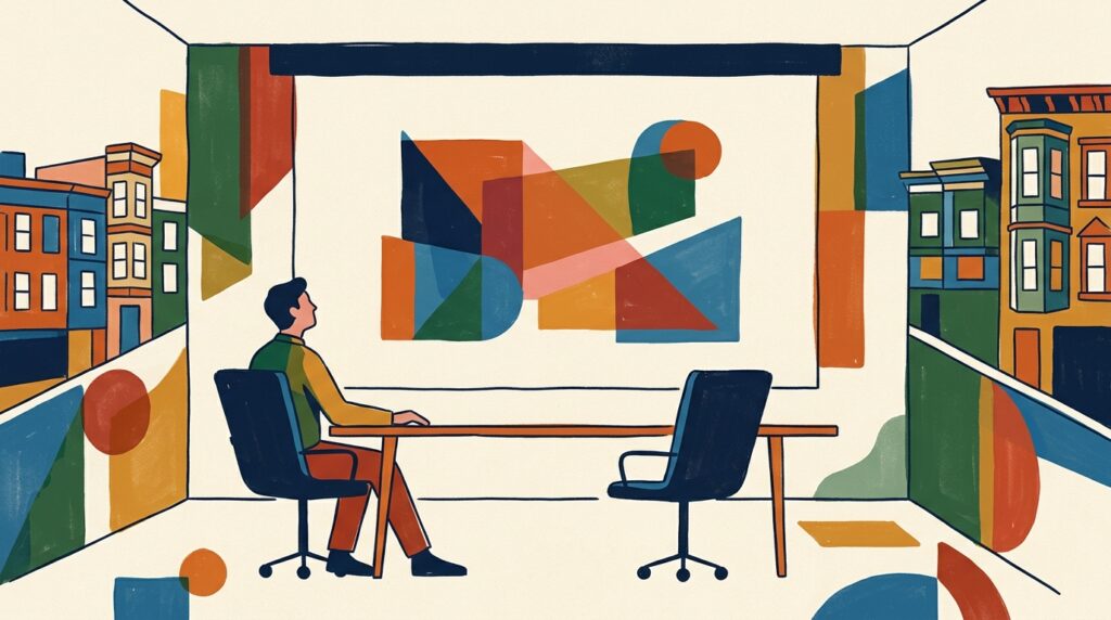 Ilustración mural de una persona frente a una respuesta gigante proyectada en una sala de juntas, con una silla vacía al lado