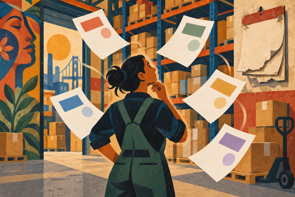 Ilustración mural de una persona en bodega revisando cajas y hojas de cotización con precios distintos y un calendario vencido
