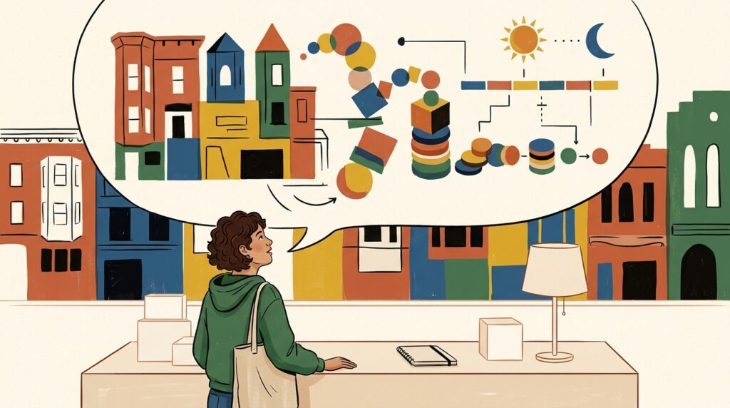 Ilustración mural de una persona frente a un mostrador vacío mientras una burbuja grande mezcla precios y horarios inventados