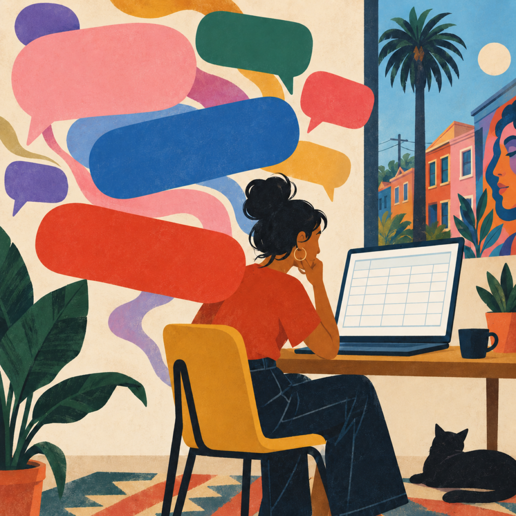Ilustración mural de una persona frente a un tablero vacío mientras burbujas de chat con acuerdos quedan fuera del sistema